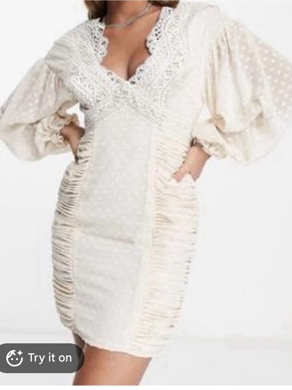 ASOS Cream Swiss-Dot Lace-Trim Long-Sleeve Mini Dress